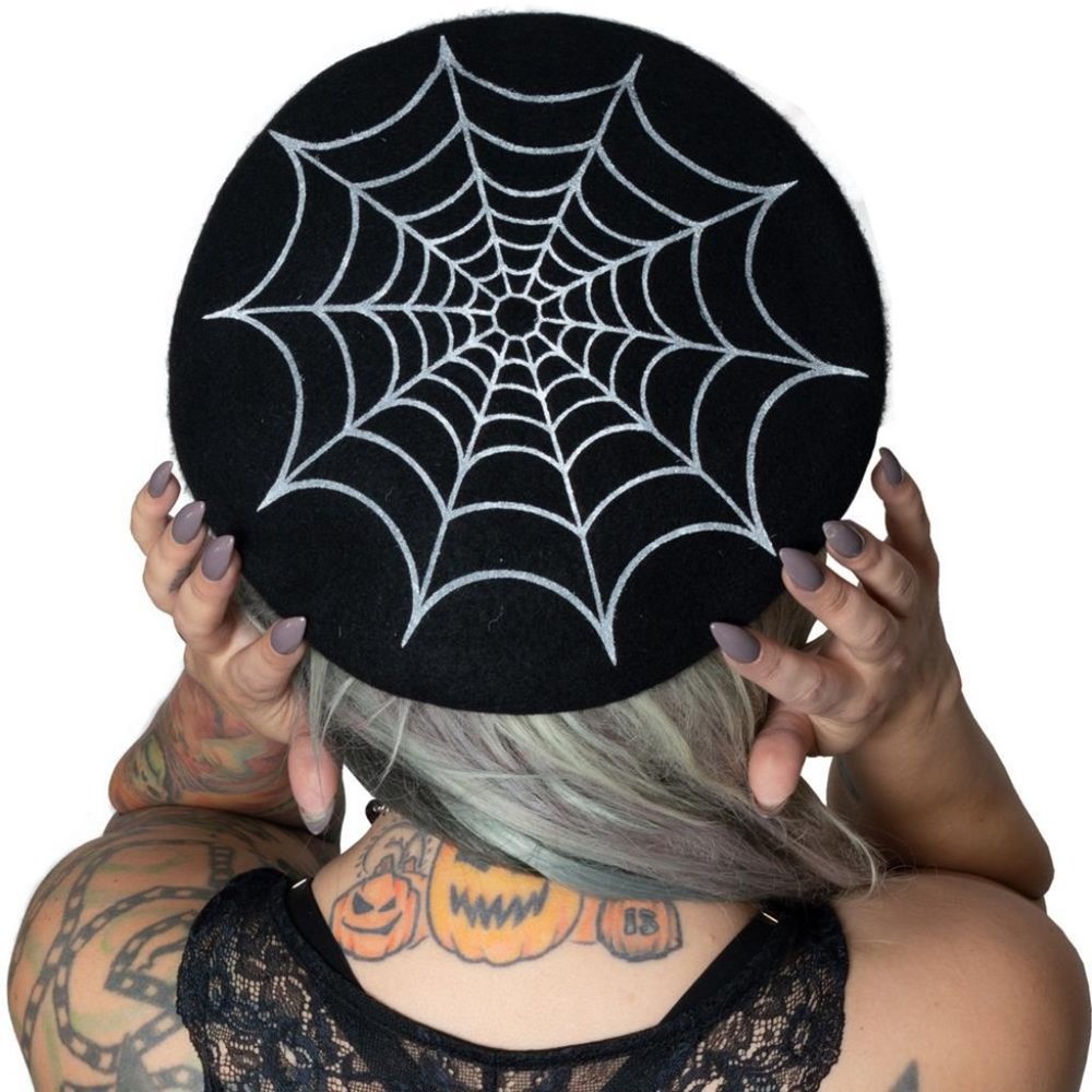 Black Wool Gothic Halloween Beret Hat White Spider & Web NWT